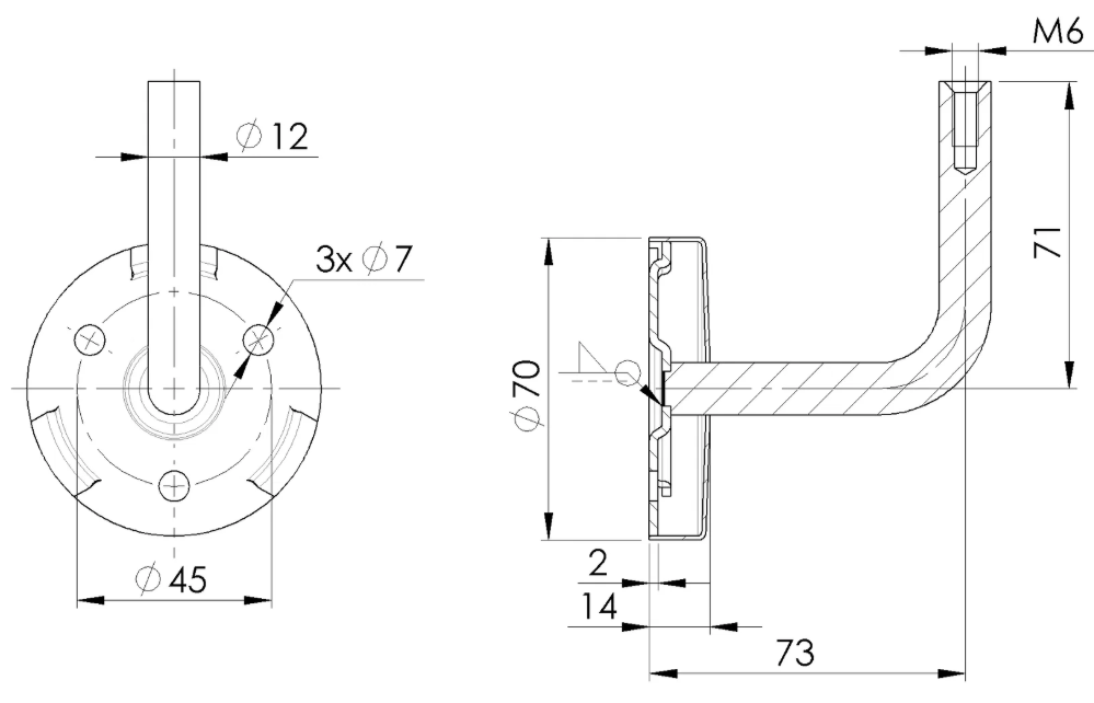 Handlaufhalter mit Innengewinde M6 und Cliprosette V2A, 70x2mm, 3 Bohrungen