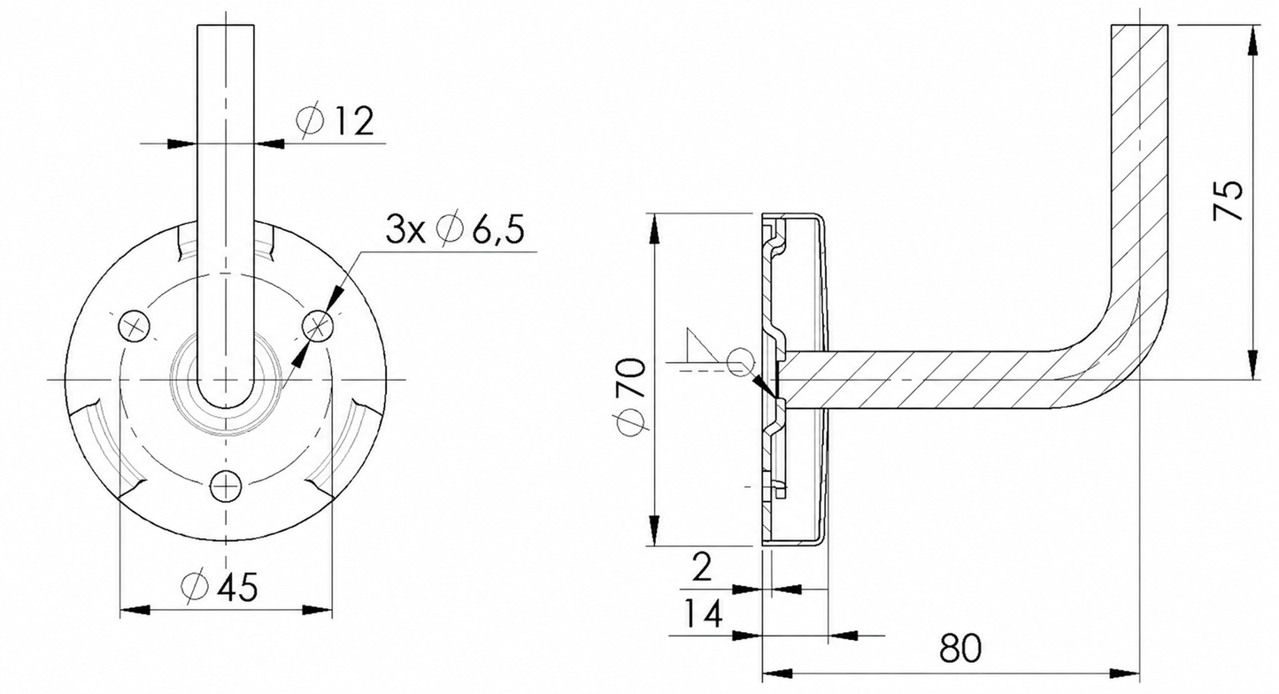 Handlaufhalter mit Cliprosette V2A, 70x2mm, 3 Bohrungen