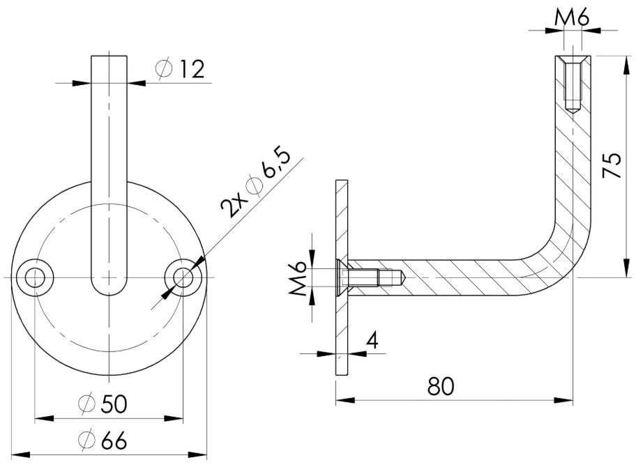 Handlaufhalter mit Innengewinde M6 V2A, 66x4mm, 2 Bohrungen gesenkt