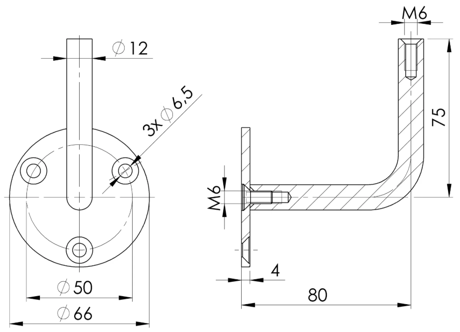 Handlaufhalter mit Innengewinde M6 V2A, 66x4mm, 3 Bohrungen gesenkt