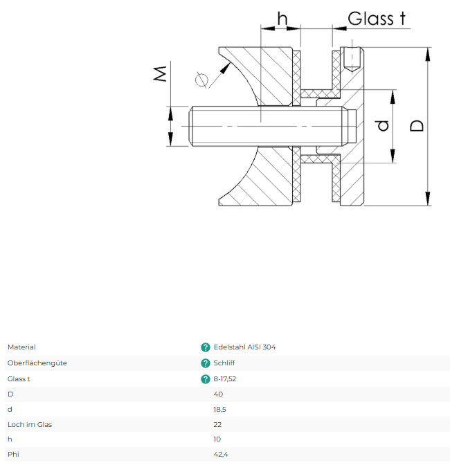 Glaspunkthalter V2A 40mm, Anschluss 42,4mm