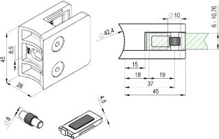 Glasklemme eckig 45x45mm mit Sicherung – Edelstahl V2A/V4A, mit abP