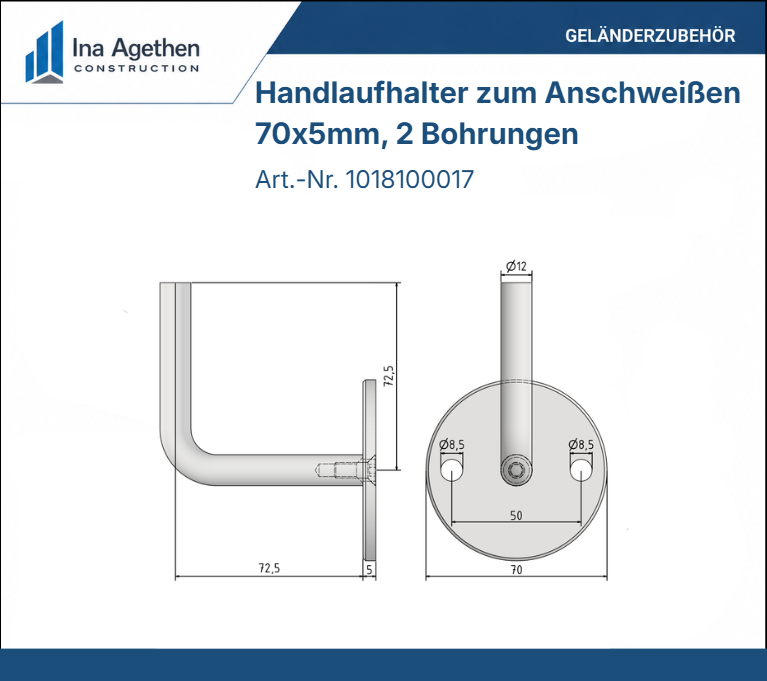 Edelstahl Handlaufhalter zum Anschweißen V2A, 70x5mm, 2 Bohrungen