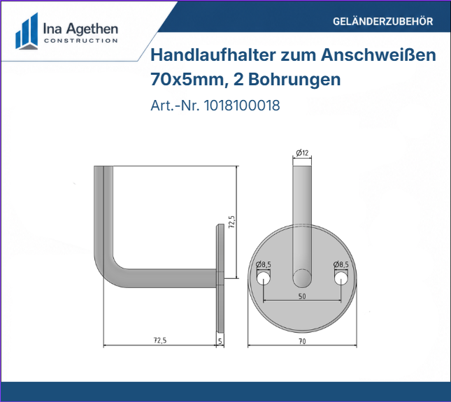 Edelstahl Handlaufhalter zum Anschweißen V2A, 70x5mm, 2 Bohrungen
