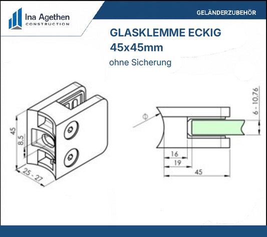 Technische Zeichnung Edelstahl Glasklemme 45x45mm eckig