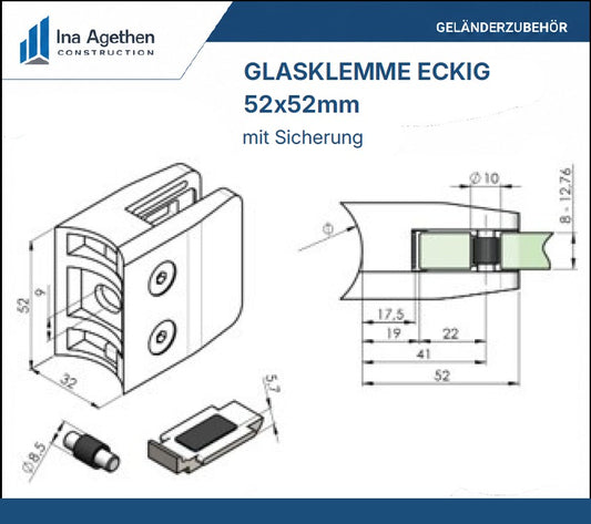 Technische Zeichnung Edelstahl Glasklemme 52x52mm eckig
