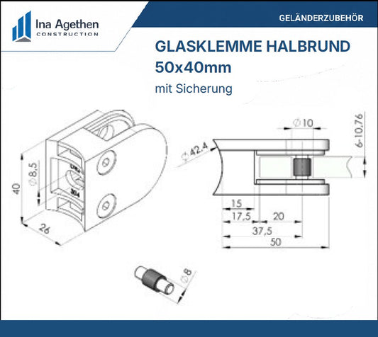 technische Zeichnung Edelstahl Glasklemme 50x40mm halbrund