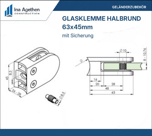 Technische Zeichnung Edelstahl Glasklemme 63x45mm halbrund