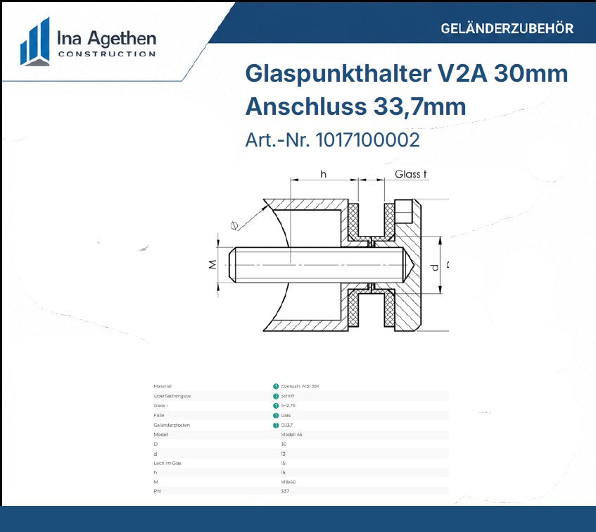 Technische Zeichnung Edelstahl Glaspunkthalter V2A 30mm, Anschluss 33,7mm