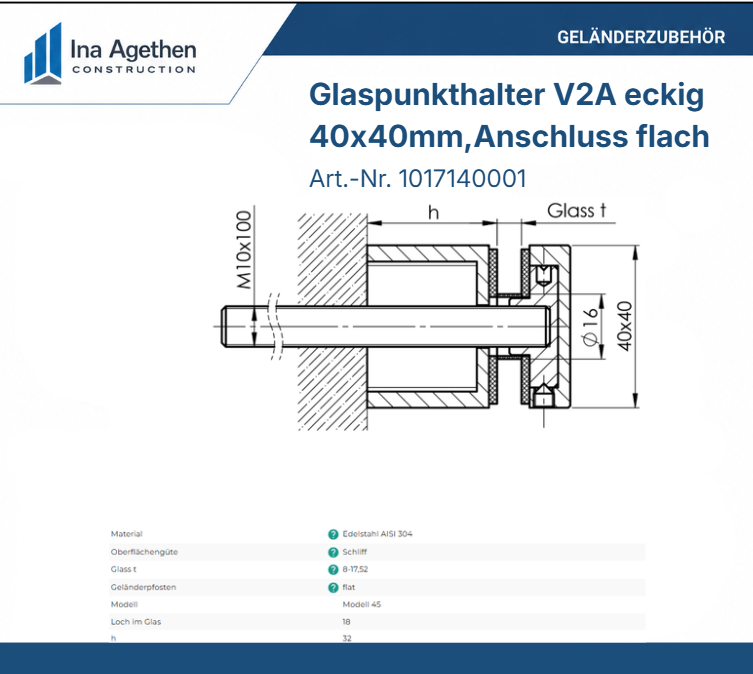 Edelstahl Glaspunkthalter V2A 40x40mm, Anschluss flach