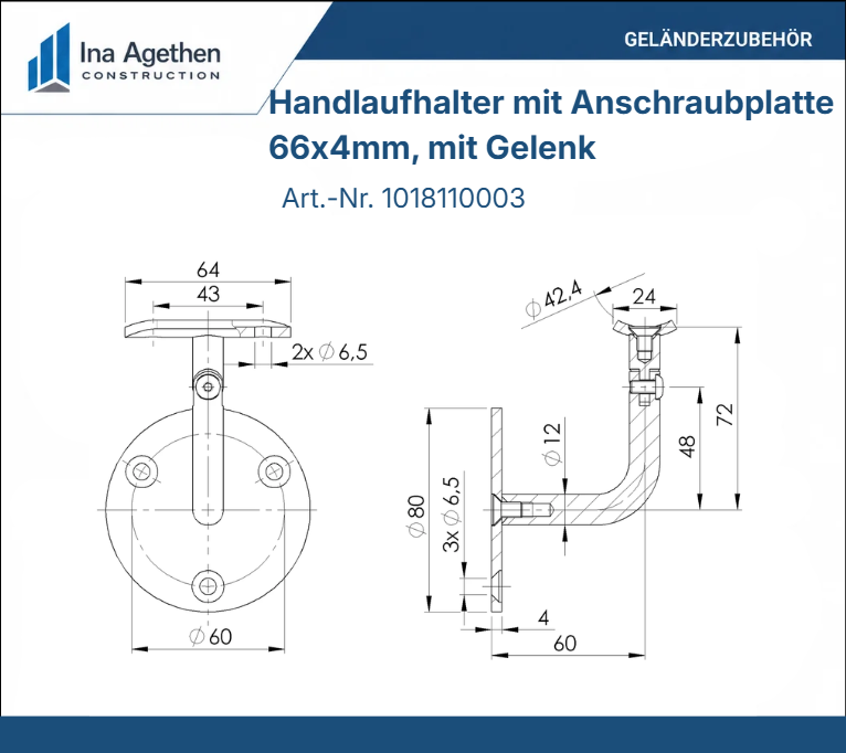 Edelstahl Handlaufhalter verstellbar mit Anschraubplatte 42,4mm V2A, 66x4mm, 3 Bohrungen