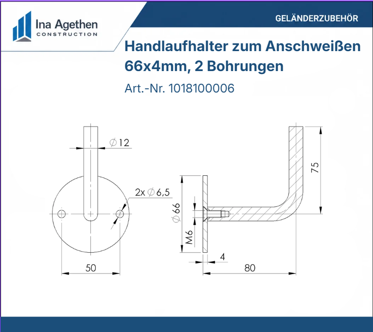 Edelstahl Handlaufhalter zum Anschweißen V2A, 66x4mm, 2 Bohrungen