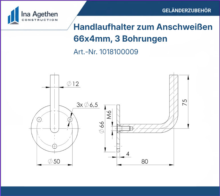 Technische Zeichnung Edelstahl Handlaufhalter zum Anschweißen V2A, 66x4mm, 3 Bohrungen