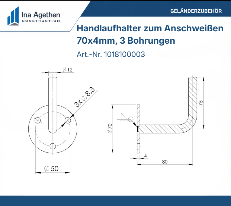 Technische Zeichnung Edelstahl Handlaufhalter zum Anschweißen V2A, 70x4mm, 3 Bohrungen