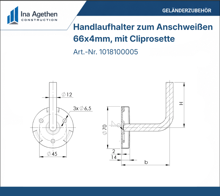 Technische Zeichnung Edelstahl Handlaufhalter zum Anschweißen mit Cliprosette V2A, 70x2mm, 3 Bohrungen