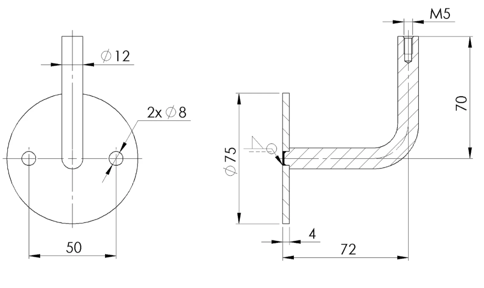 Handlaufhalter mit Innengewinde M5 V2A, 75x4mm, 2 Bohrungen