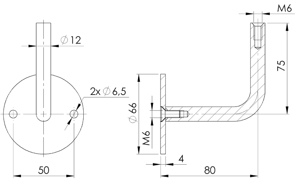 Handlaufhalter mit Innengewinde M6 V2A, 66x4mm, 2 Bohrungen