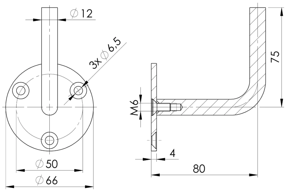 Handlaufhalter V2A, 66x4mm, 3 Bohrungen gesenkt