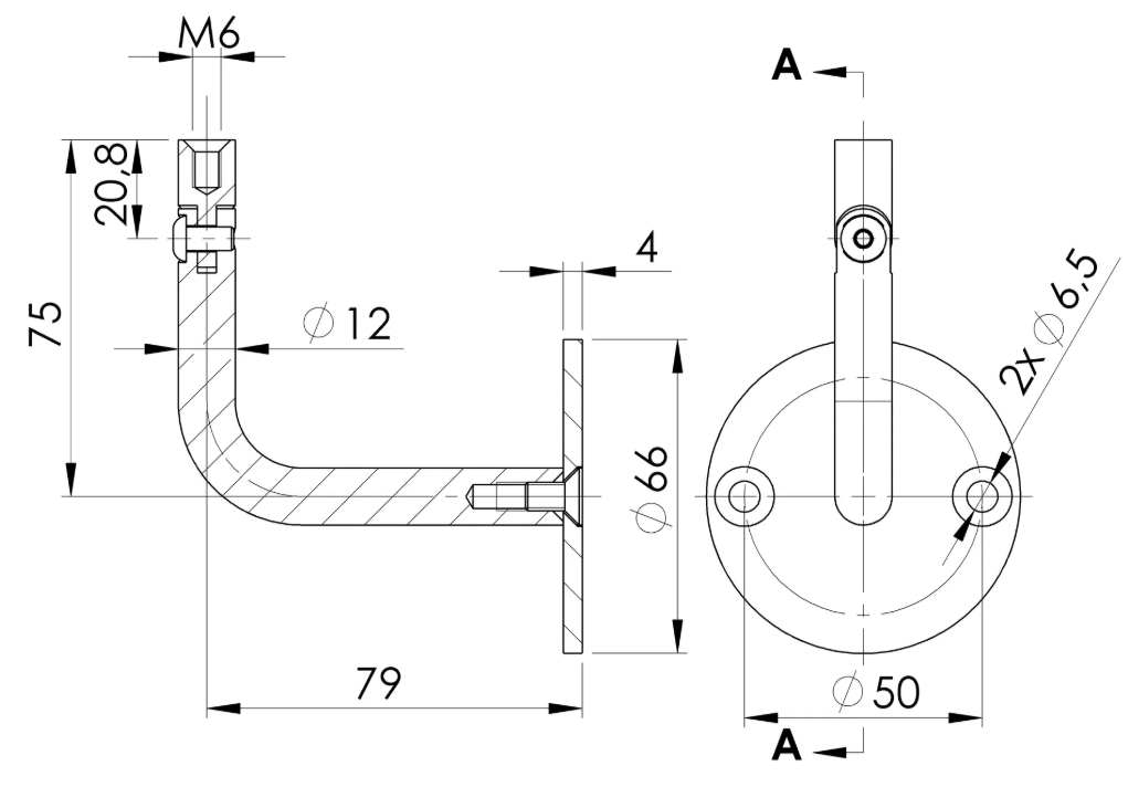Handlaufhalter verstellbar mit Innengewinde M6 V2A, 66x4mm, 2 Bohrungen gesenkt