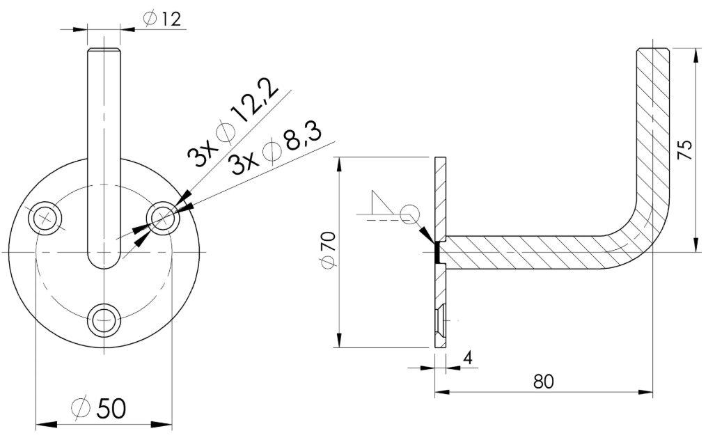 Handlaufhalter V2A, 70x4mm, 3 Bohrungen gesenkt