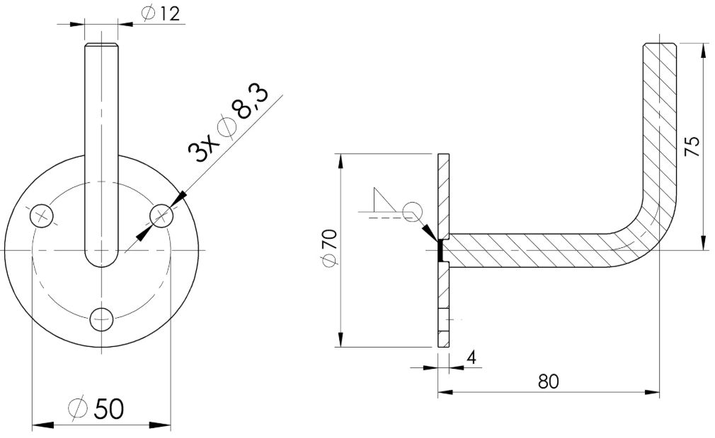 Handlaufhalter V2A, 70x4mm, 3 Bohrungen