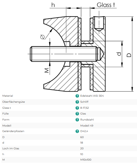 Glaspunkthalter V2A 60mm, Anschluss 42,4mm