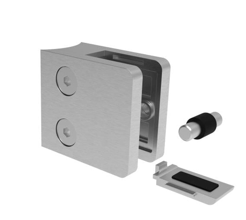 Glasklemme eckig 45x45mm mit Sicherung – Edelstahl V2A/V4A, mit abP