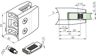 Glasklemme eckig 52x52mm – Edelstahl V2A/V4A/Zink, mit abP