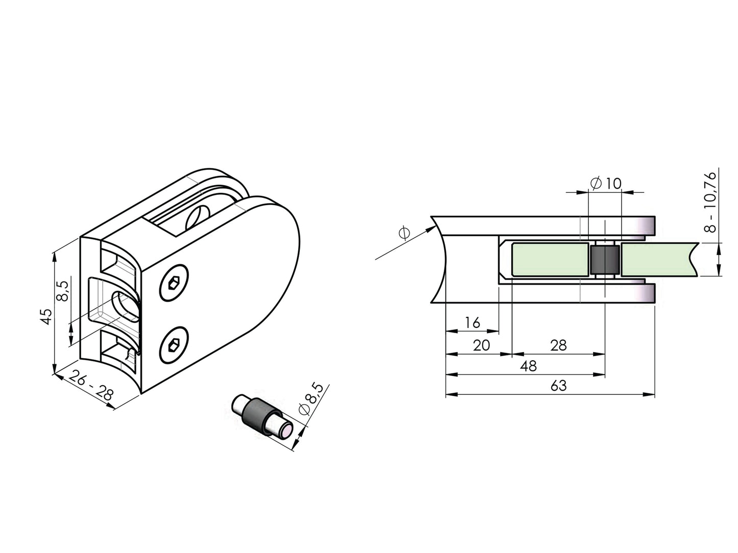 Glasklemme halbrund 63x45mm – Edelstahl V2A/V4A/Zink, mit abP