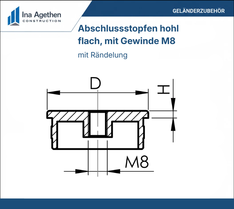 Edelstahl Abschlussstopfen V2A hohl flach geschliffen mit M8 Gewinde
