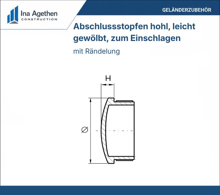 Edelstahl Abschlussstopfen V2A hohl leicht gewölbt geschliffen