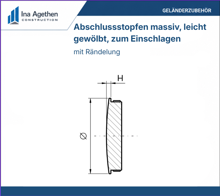 Edelstahl Abschlussstopfen V2A massiv leicht gewölbt geschliffen