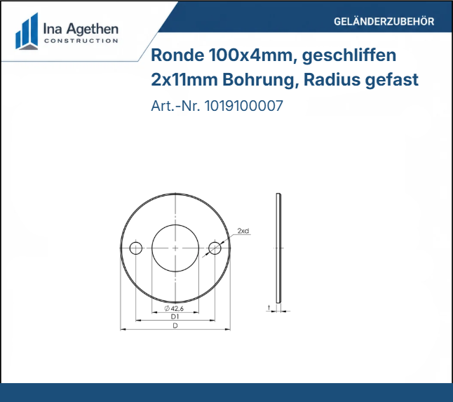 Edelstahl Ronde V2A 100x4mm für Rohr 42,4mm 2 Loch