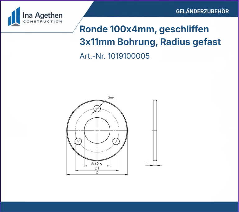 Edelstahl Ronde V2A 100x4mm für Rohr 42,4mm 3 Loch