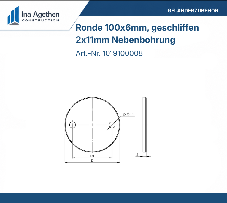 Edelstahl Ronde V2A 100x6mm, 2 Bohrungen