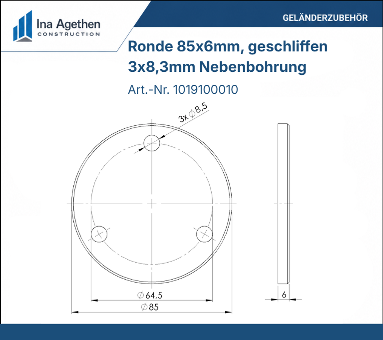 Edelstahl Ronde V2A 85x6mm, 3 Bohrungen