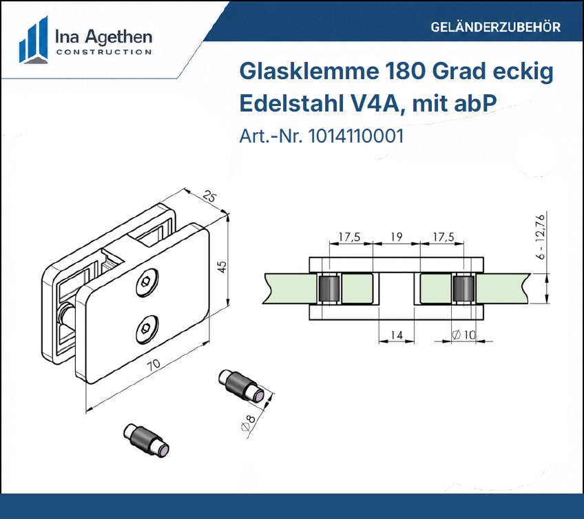 Technische Zeichnung Edelstahl Glasklemme 180 Grad eckig 70x45mm V4A
