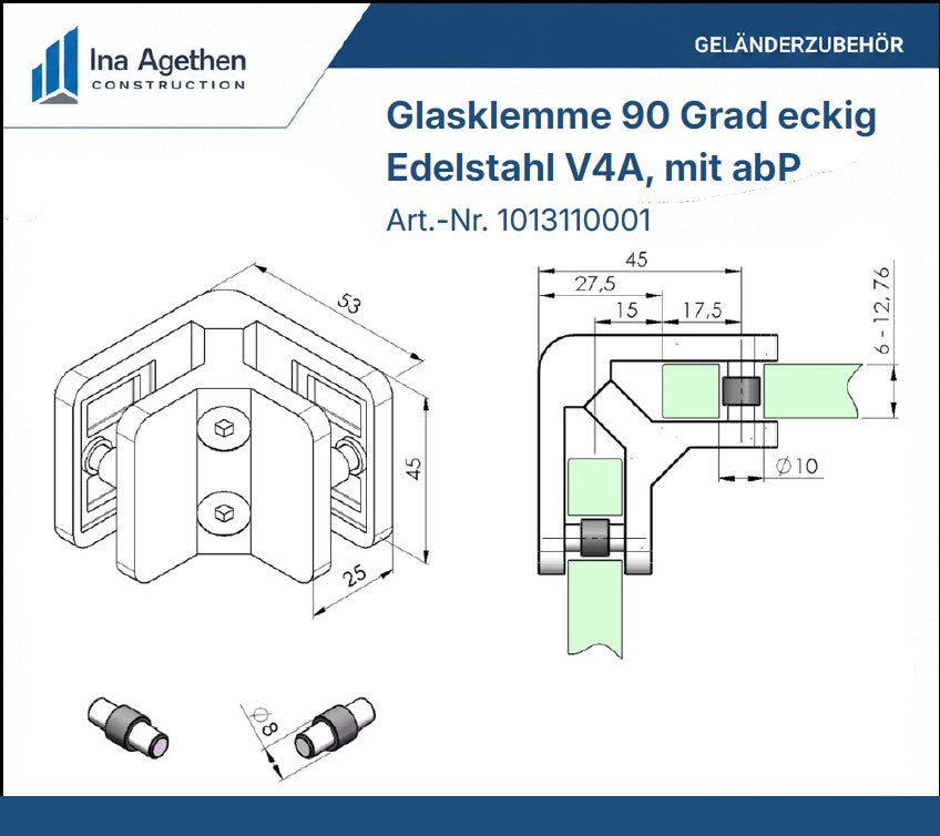 Technische Zeichnung Edelstahl Glasklemme 90 Grad eckig
