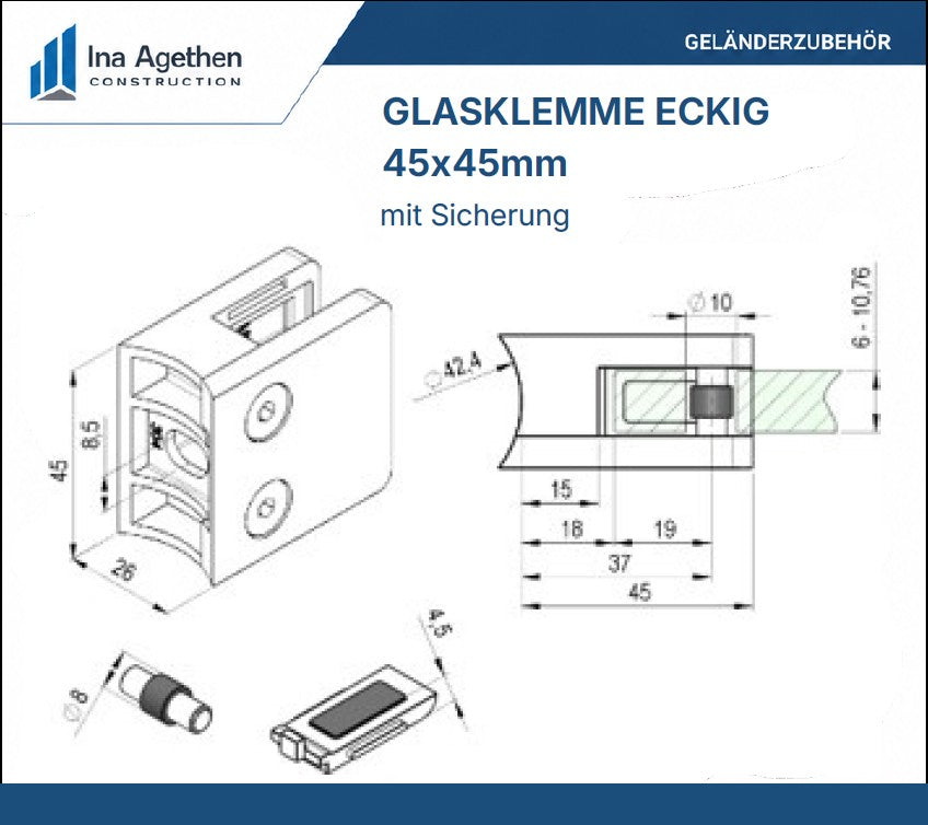 Technische Zeichnung Edelstahl Glasklemme 45x45mm eckig