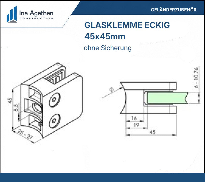Technische Zeichnung Edelstahl Glasklemme 45x45mm eckig