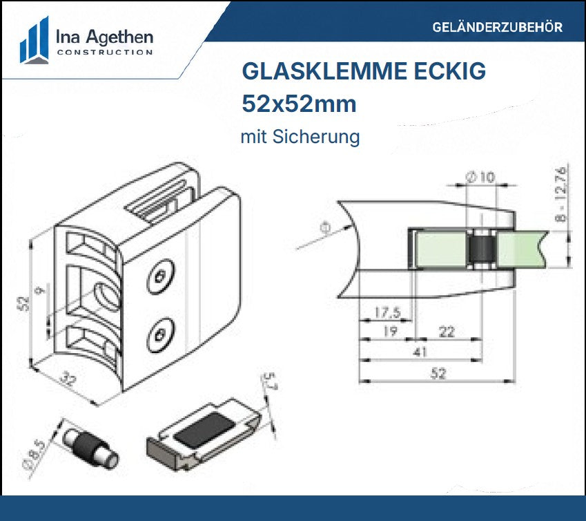 Technische Zeichnung Edelstahl Glasklemme 52x52mm eckig