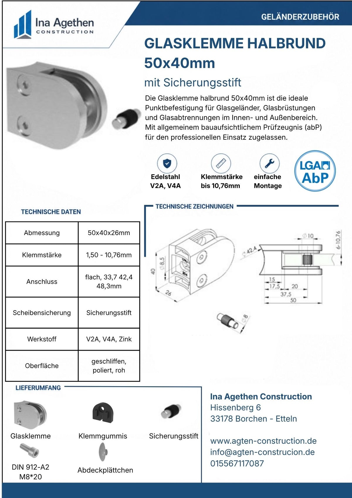 Datenblatt Edelstahl Glasklemme 50x40mm halbrund