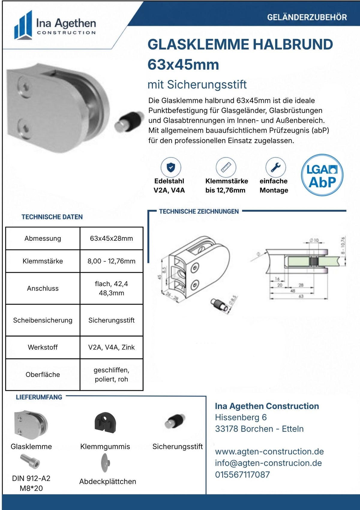 Datenblatt Edelstahl Glasklemme 63x45mm halbrund