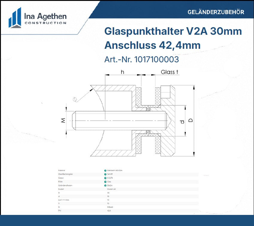 Technische Zeichnung Edelstahl Glaspunkthalter V2A 30mm, Anschluss 42,4mm