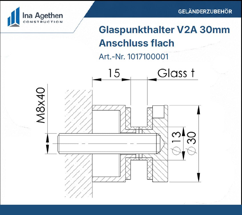 Technische Zeichnung Edelstahl Glaspunkthalter V2A 30mm, Anschluss flach