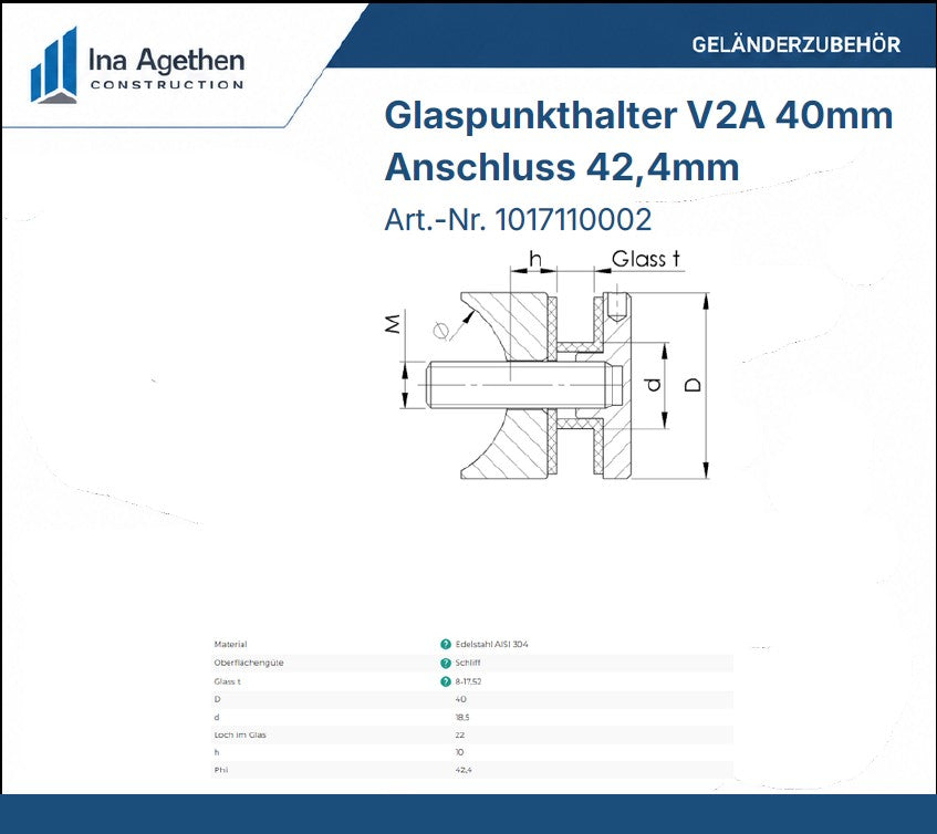 Technische Zeichnung Edelstahl Glaspunkthalter V2A 40mm, Anschluss 42,4mm