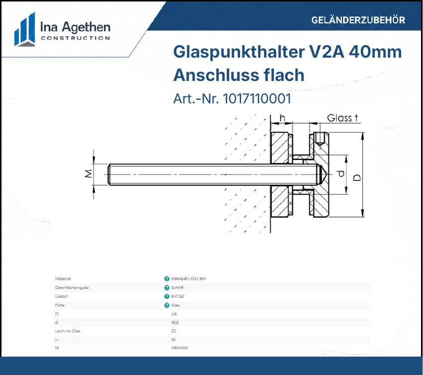Technische Zeichnung Edelstahl Glaspunkthalter V2A 40mm, Anschluss flach