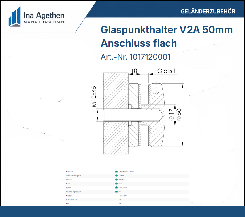Technische Zeichnung Edelstahl Glaspunkthalter V2A 50mm, Anschluss flach