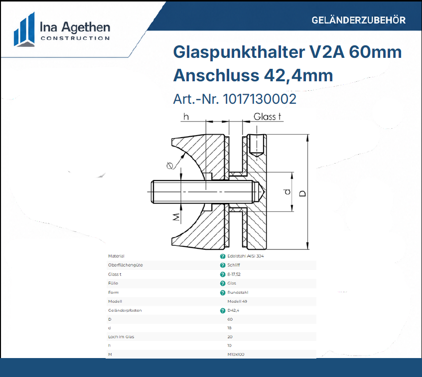 Technische Zeichnung Edelstahl_Glaspunkthalter_V2A_60mm_Anschluss_42_4mm