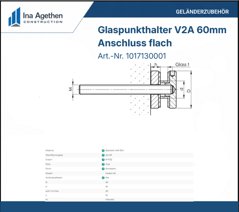 technische Zeichnung Edelstahl Glaspunkthalter V2A 60mm, Anschluss flach
